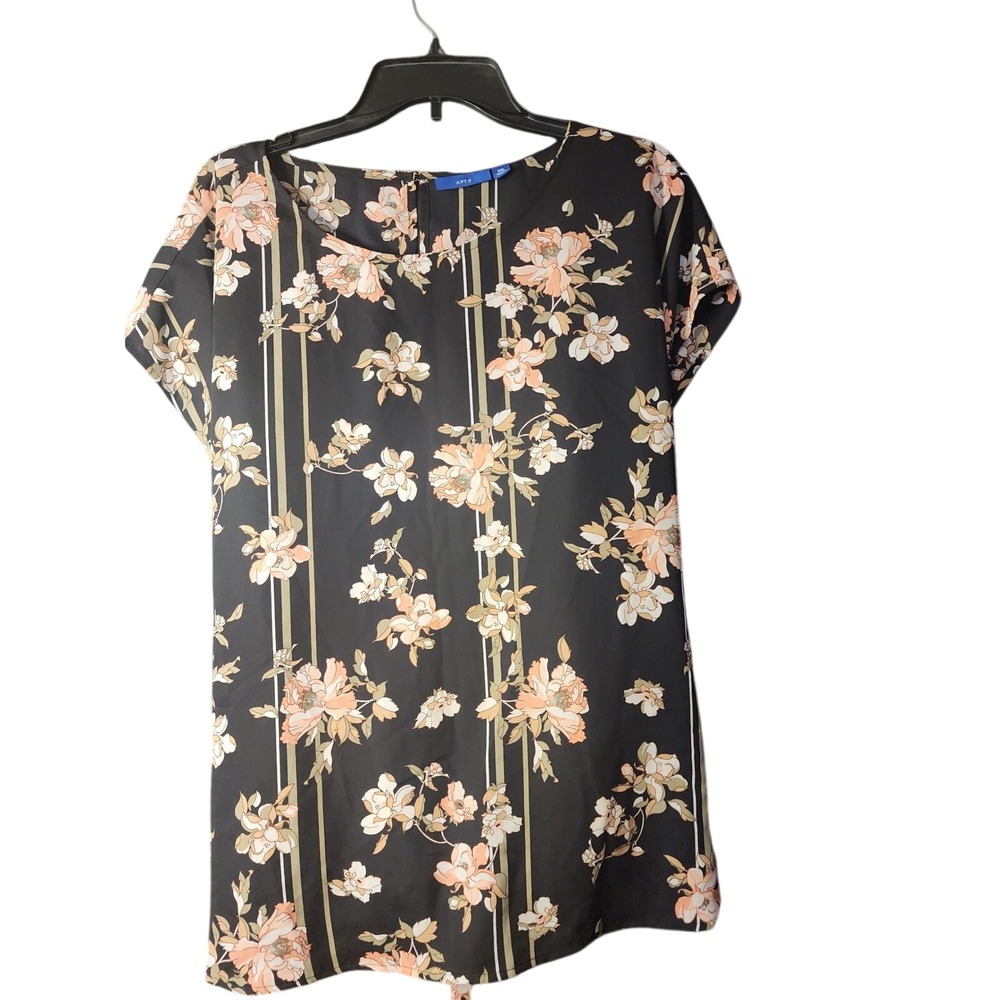 Apt. 9 Floral Stripe Tie Back Blouse Black Peach XXL Short Sleeve Top